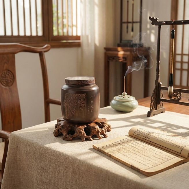 将背景替换为用户描述的新中式清雅书桌场景：浅米色棉麻桌布铺就的书桌一角，这只坭兴陶茶叶罐稳稳安放在根雕木座上，一旁摊开半卷线装书，笔架悬着一支狼毫，青瓷香插里飘着若有似无的线香烟气，窗外漏进几缕午后阳预览效果