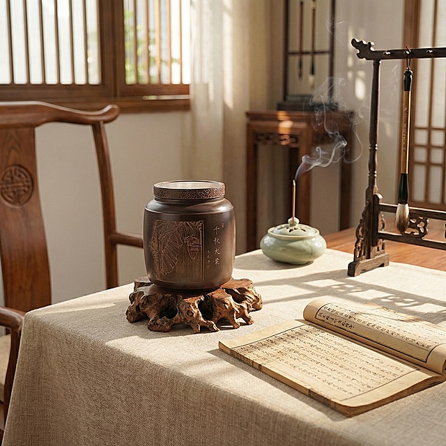 将背景替换为用户描述的新中式清雅书桌场景：浅米色棉麻桌布铺就的书桌一角，这只坭兴陶茶叶罐稳稳安放在根雕木座上，一旁摊开半卷线装书，笔架悬着一支狼毫，青瓷香插里飘着若有似无的线香烟气，窗外漏进几缕午后阳光，保持主体产品物理结构不变，保持杯身文字"千秋大业"