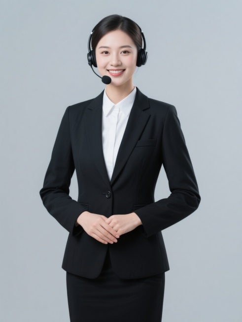 专业客服人员形象照，正面站立姿势，双手交叠于腹部，佩戴专业黑色头戴式耳机麦克风，身着黑色修身西装外套（单排双扣设计，左侧胸前口袋）与白色衬衫，黑色及膝西装裙，浅灰色纯色背景，柔和均匀的正面光源，清晰的面部光影过渡，自然微笑表情，职业干练的气质，高清商业人像摄影风格，锐利的细节，平滑的肤质处理，简洁大气的构图，人物居中且占据画面主要位置，展现专业、亲和、可信赖的客服形象。预览效果