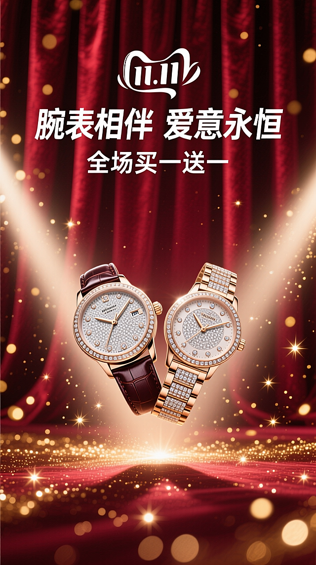 海报采用深邃的勃艮第酒红色背景，犹如天鹅绒幕布。画面中央，一道光束打下，聚焦于一对优雅交叉的男女款奢华腕表。表盘上的钻石与金属细节在光线下熠熠生辉，仿佛悬浮于璀璨星河之中。背景中若隐若现的金色光斑，如同繁星点点。
白色的双11logo，白色的主标题“腕表相伴 爱意永恒”，悬浮于手表上方，与副标题“全场买一送一”形成大小和字重的对比，整体感觉高端、浪漫且充满仪式感。