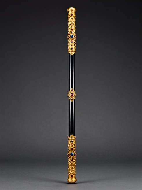 世界复古杰作，Penko Gelev的风格，镀金如意金箍棒，整体黑色金色金属色，金属高光，如意金箍棒棍身雕花用纯金打造，雕饰有贵族专属的宝石镶嵌图案，华丽精致，精工制作，细节丰富，深灰色底图预览效果