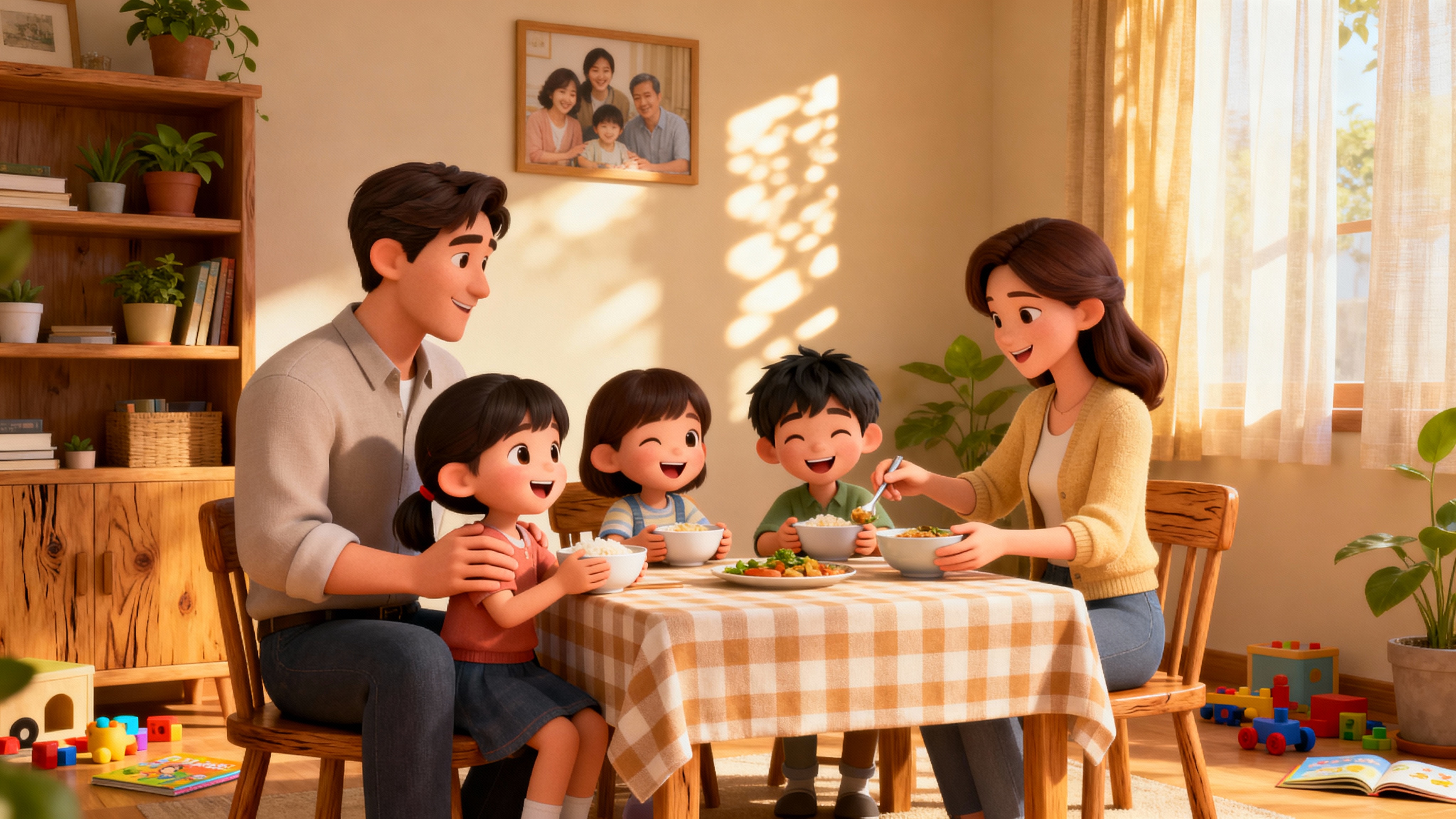 一家四口温馨画面，3d人物场景 - 图片创意预览