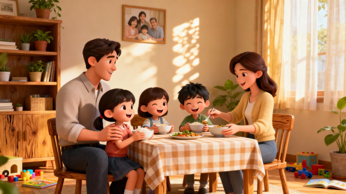 一家四口温馨画面，3d人物场景预览效果