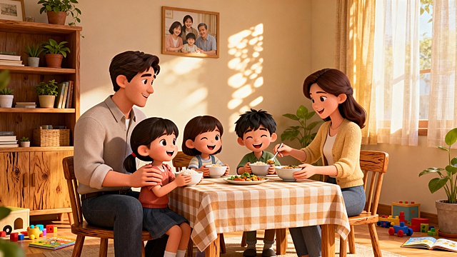 一家四口温馨画面，3d人物场景