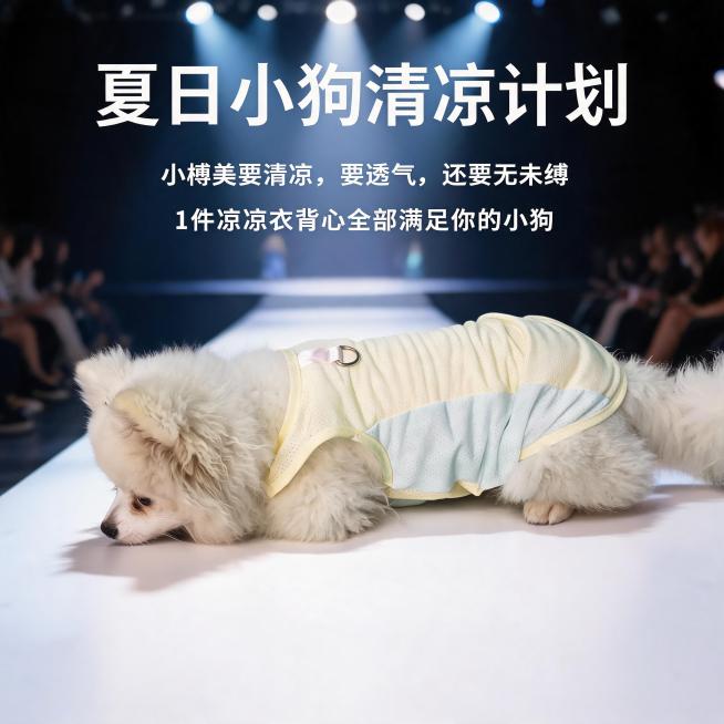 将背景替换为模特走秀T台，添加艺术文字“夏日小狗清凉计划 小博美要清凉，要透气，还要无束缚 1件凉凉衣背心全部满足你的小狗”，保留图片中的小狗和凉凉衣背心预览效果