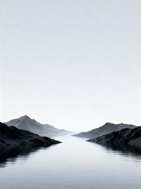 简约科技风背景，平静的水面搭配灰黑色山峦，浅灰调朦胧天空，整体清冷高级，适合作为电子产品展示背景预览效果