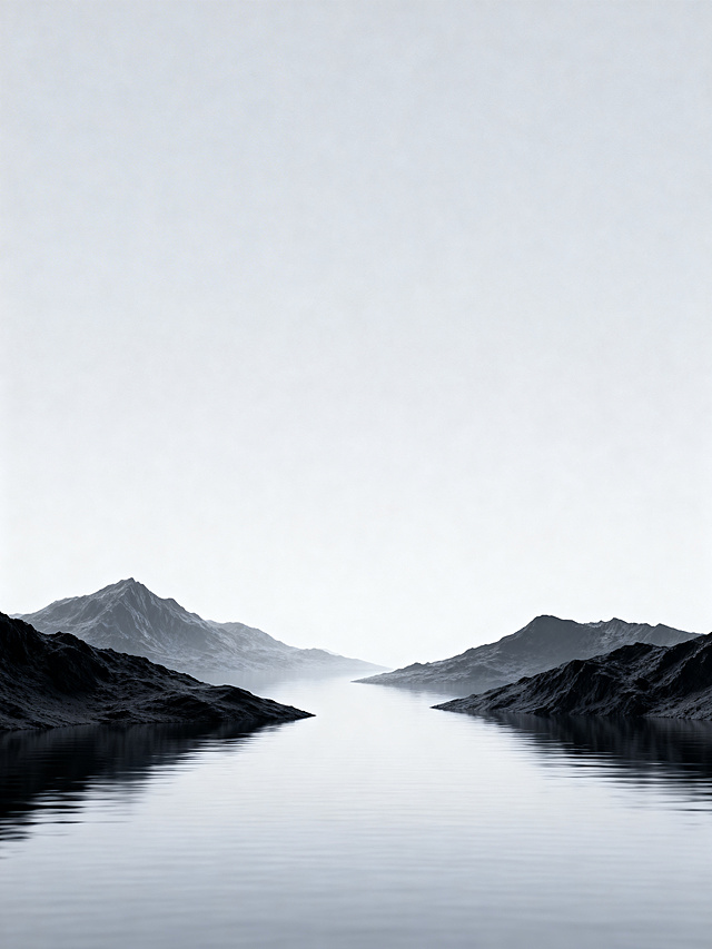 简约科技风背景，平静的水面搭配灰黑色山峦，浅灰调朦胧天空，整体清冷高级，适合作为电子产品展示背景