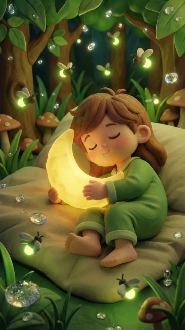 换一个场景和人物，3D卡通小女孩抱着发光月亮睡觉，森林夜晚背景，萤火虫飞舞，晶莹露珠点缀，暖绿色调，温柔治愈风格，黏土质感，细节丰富光影柔和预览效果