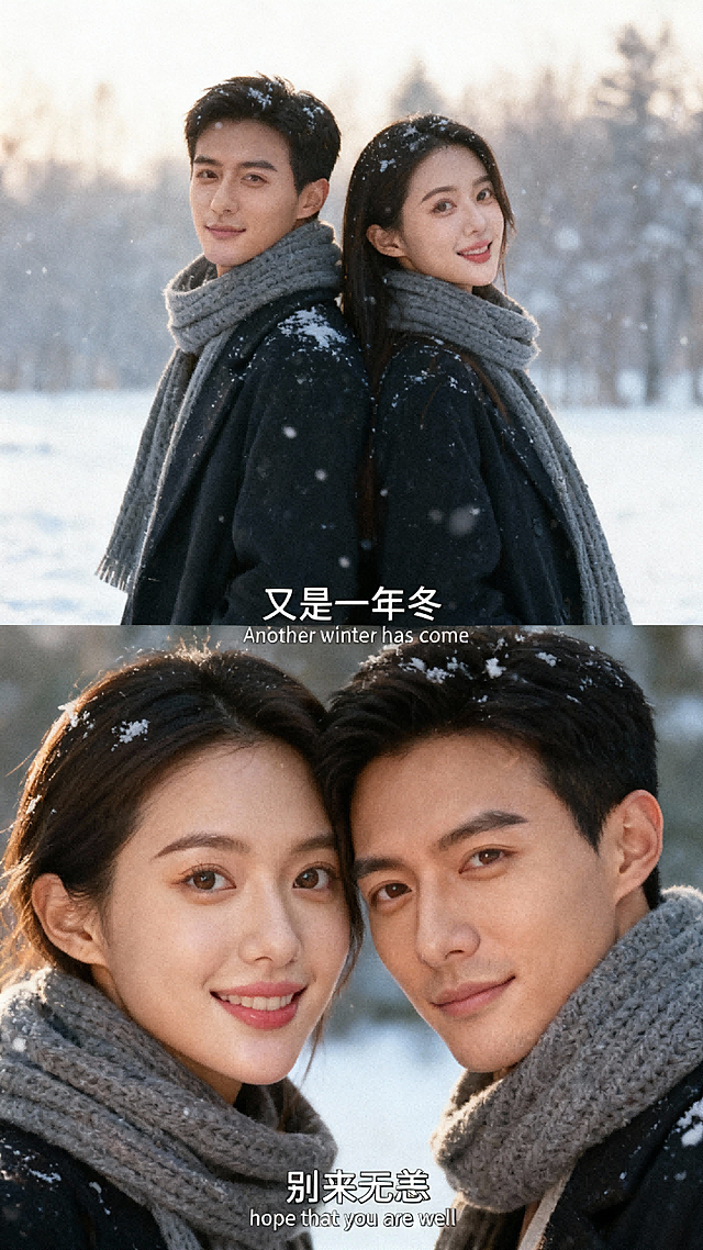 冬日情侣写真，横向两宫格。户外雪地场景，两人身着灰色厚针织围巾、深色大衣。上图：中景，背景是飘雪的朦胧树林，两人背对背侧身而立，雪花点缀发丝与服饰。字幕 “又是一年冬”“Another winter has come”。下图：近景特写，两人头靠头正对镜头，对称构图，露出一点雪地背景。字幕“别来无恙”“hope that you are well” 。整体暖光光线，采用柯达胶片效果，字幕位于底部居中。