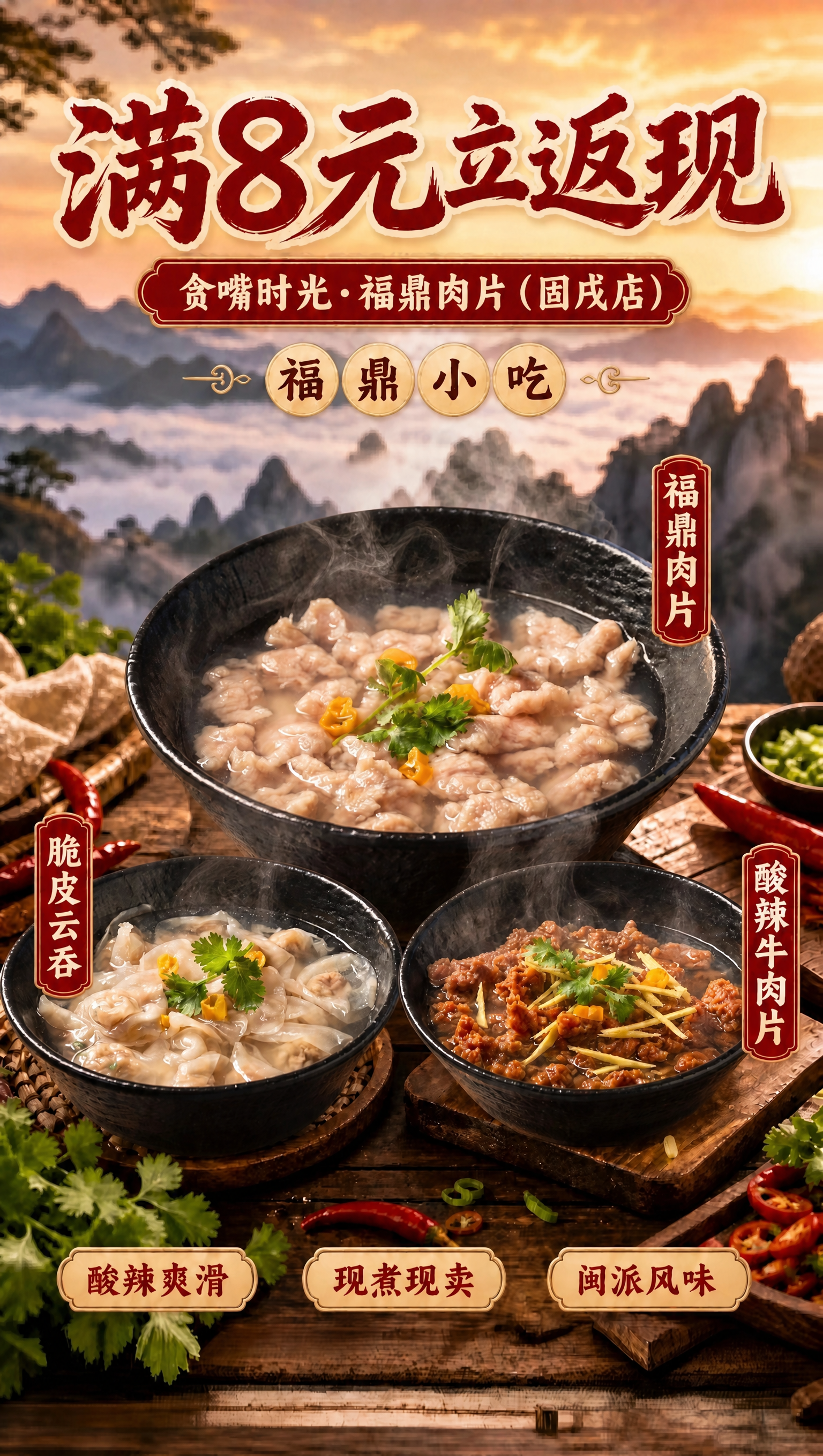 将海报左侧竖排标签中的"福鼎肉燕"修改为"脆皮云吞"，保持原有… - 图片创意预览