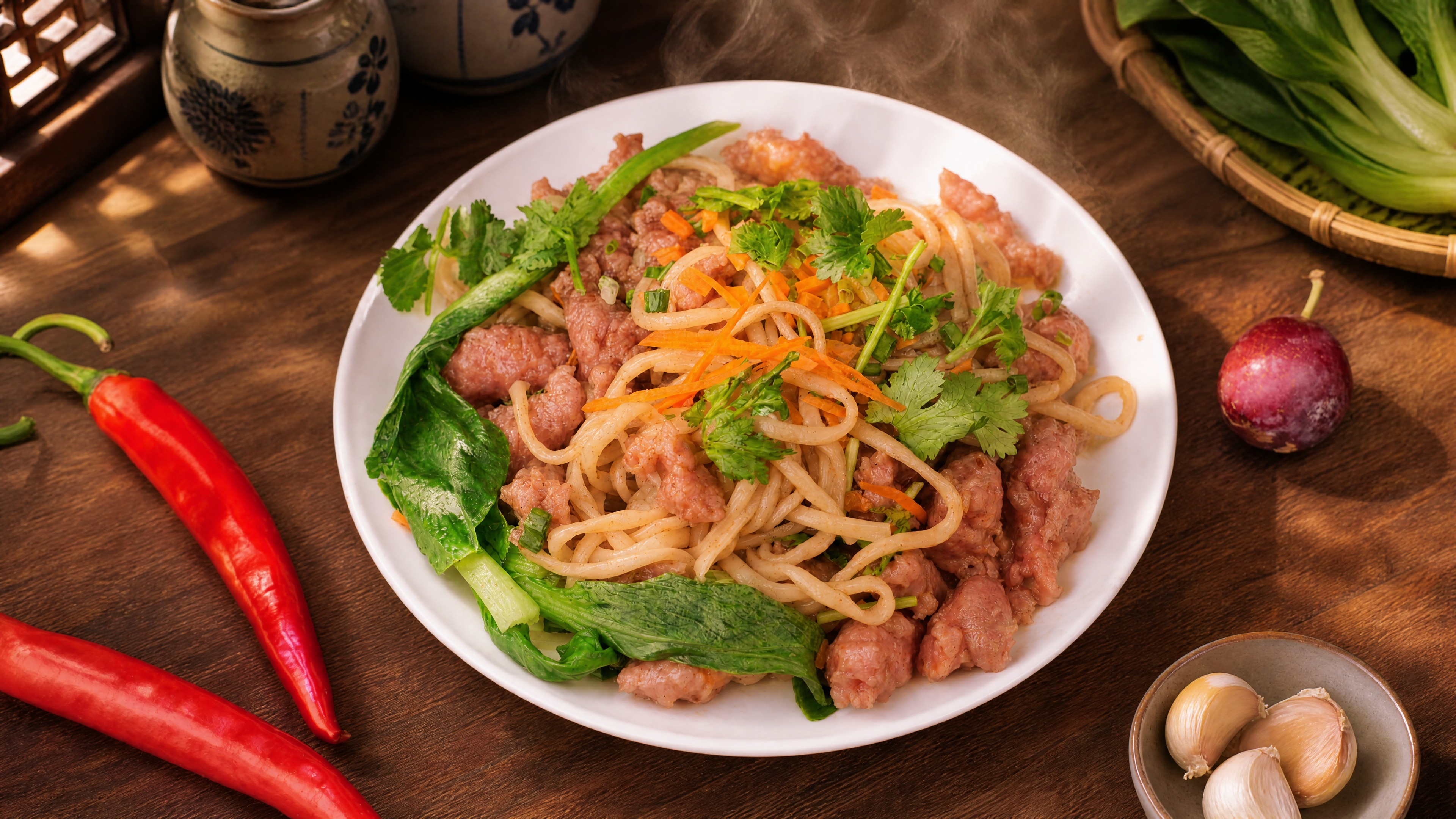 肉片拌面严格参照上传产品图，完整保留白盘、面条、肉片、胡萝卜丝… - 图片创意预览
