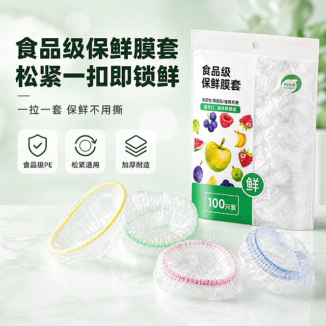 [主图-1] 一次性保鲜膜套 首图产品包装袋+保鲜膜套展示，主题为食品级保鲜膜套 松紧一扣即锁鲜。
[统一基调] 淘宝品质电商风，洁净明亮通透，整体以白色+清透浅绿为主色，标题字用深绿色粗黑体，辅助文字用深灰色，强调色为橙红色，字体为无衬线粗体，字号层级分明，卡片为圆角轻阴影，整体干净清爽有生活感。
[画面] 画面中央偏右位置摆放一袋完整的食品级保鲜膜套包装袋（白色袋装，正面有绿色水果图案和"食品级保鲜膜套"字样，与用户提供的包装袋外观一致），袋子前方散落展开3-4只透明保鲜膜套，彩色松紧边清晰可见，展示弹力松紧口结构；左侧为大面积负空间放置主标题；背景是浅薄荷绿渐变+柔和光斑，底部有轻微桌面倒影，产品占画面约65%；视角为略微俯视的45度角，产品完整不切割。
[光影质感] 商业摄影质感，主光从左上方来，柔和均匀，产品表面有自然高光，透明膜体体现轻薄通透感，包装袋有真实纸质/塑封质感，底部有柔和接触阴影，无硬边阴影。
[配色] 主背景浅薄荷绿渐变，标题深绿色，辅助文字深灰色，强调点缀橙红色，整体清新洁净。
[文字版式] 左上角大标题两行：第一行"食品级保鲜膜套"，第二行"松紧一扣即锁鲜"，字体粗黑醒目；标题下方小字副文案"一拉一套 保鲜不用撕"；底部三个圆角小图标横排，分别标注"食品级PE""松紧通用""加厚耐造"；文字不遮挡产品主体。
[输出要求] 1:1正方形，2048x2048，文字清晰可读，产品清晰真实，无变形，无错字，无水印，无平台logo，无多余杂物。