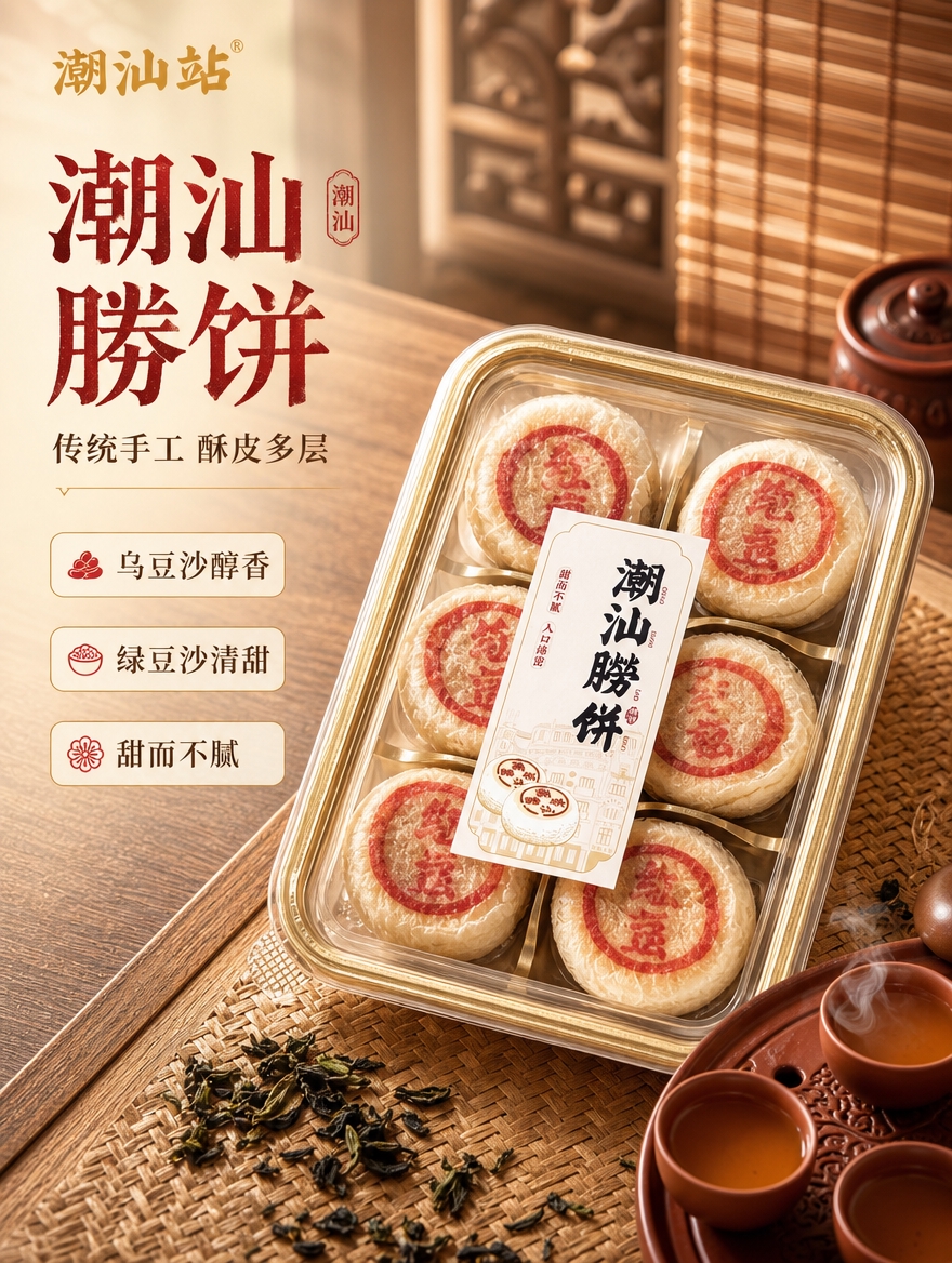 [详情-1] 食欲氛围头图，潮汕朥饼礼盒+功夫茶场景，打造传统… - 图片创意预览
