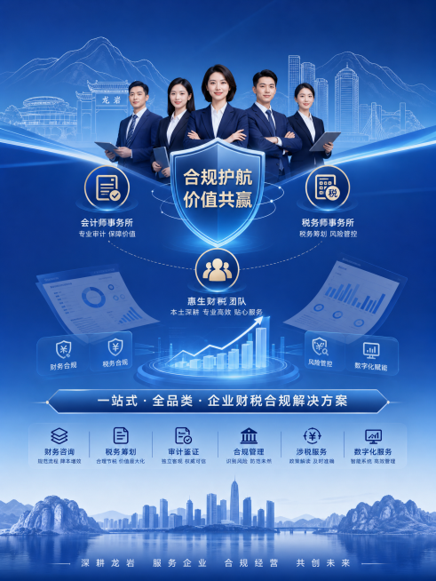 企业财税合规服务副图海报，延续龙岩本地主题，展示双律所（会计师事务所、税务师事务所）+惠生财税团队提供一站式全品类财税合规服务，同主图商务蓝色风格，比例3:4，无电话二维码。预览效果