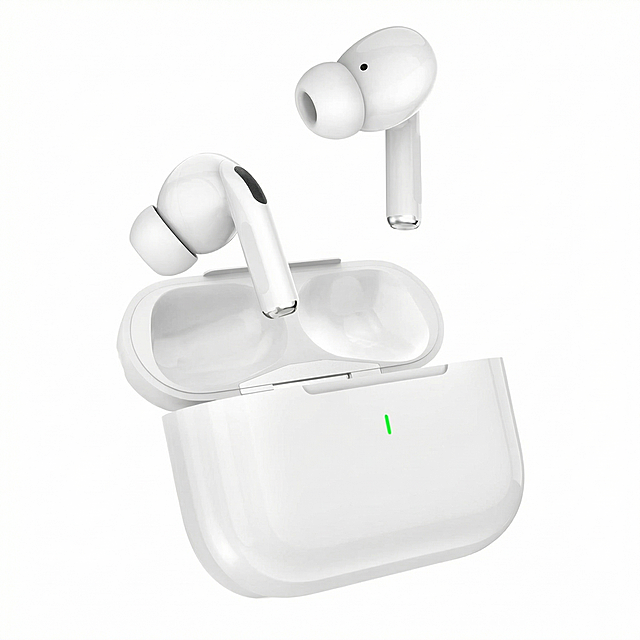 [Main Image 1] White True Wireless Bluetooth Earbuds with charging case open, keep product appearance consistent with original image. Pure white background #FFFFFF, product centered and occupies over 85% of frame. No any text, logo, marketing decorations or additional elements. High resolution, clean, professional product photography, sharp focus, bright studio lighting, high contrast. 1:1 square composition.