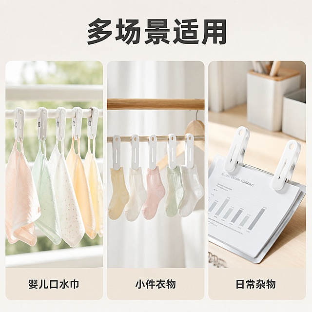 [主图-3] 多场景适用展示主图，突出适合晾晒婴儿口水巾等小件衣物
[氛围风格] 温馨居家氛围，明亮干净，生活化场景展示
[画质] 商业摄影质感，光线柔和通透，产品清晰真实，画面干净高级
[元素] 保持白色塑料晾晒夹外观、物理结构、材质质感、颜色与输入产品图绝对一致，杜绝任何变形和色差，精细化处理，商品主体占比严格控制在65%左右；宫格展示三个使用场景，分别是：阳台晾晒婴儿口水巾、晾衣架夹袜子、桌面夹文件，场景干净整洁，生活化自然
[光影] 自然柔和的家居自然光，每个场景光线均匀统一，整体明亮通透
[配色] 整体浅色调，以白色、浅米色、浅灰色为主，衣物用浅淡马卡龙色点缀，温馨舒适
[视角构图] 三宫格构图，每个场景独立展示，布局均匀，主体清晰
[文字版式] 顶部大字“多场景适用”，深色粗体；每个宫格下方标注对应场景名称“婴儿口水巾”“小件衣物”“日常杂物”，文字简洁清晰，不遮挡产品
[输出要求] 1:1比例，文字清晰锐利，画面超高清商业摄影质感
[负向提示词] 变形，文字错乱，产品图模糊，背景杂乱，水印，电商平台Logo