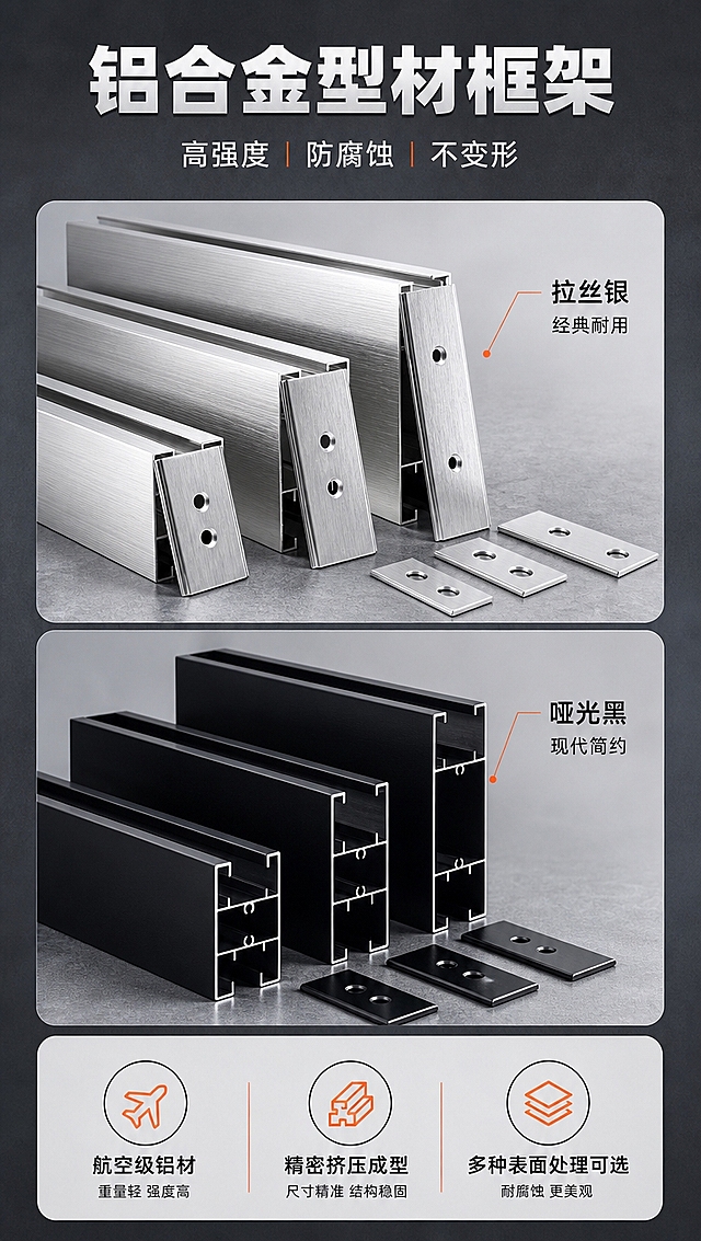 [商品] 使用【图5】铝合金型材配件图；保留银色拉丝和黑色两种铝合金型材的形状、截面结构、金属质感、配件种类（横梁型材、立柱型材、连接片等）；增强金属拉丝纹理和光泽。
[画面] 目标：配件详情-铝合金型材，展示高品质铝合金框架型材。构图：竖版9:16，上方标题区，中部上下两部分分别展示银色和黑色铝合金型材（各占35%），底部为特点说明；型材斜向摆放展示截面和长度。
[视觉] 套系策略：风格=专业工业风商业摄影；标题字=粗黑体；正文字=常规黑体；主色=深灰+金属银；背景延展=基于深灰做深浅层级渐变、水泥/石材质感；强调色=橙红色，仅用于小面积图标、引线和标签；标题色=白色/深炭灰；正文色=中灰；组件=圆角信息卡、细线引线、图标+文字组合；光影=顶部均匀柔光+侧面补光，突出金属质感和板材纹理。
[文字] 顶部主标题「铝合金型材框架」，副标题「高强度 防腐蚀 不变形」；银色型材旁标注「拉丝银 经典耐用」，黑色型材旁标注「哑光黑 现代简约」；底部3个特点：航空级铝材、精密挤压成型、多种表面处理可选。
[规格] 图片比例9:16竖版，4K分辨率，淘宝/天猫适配，避免变形、错字、文字过小、颜色失真、极限词。