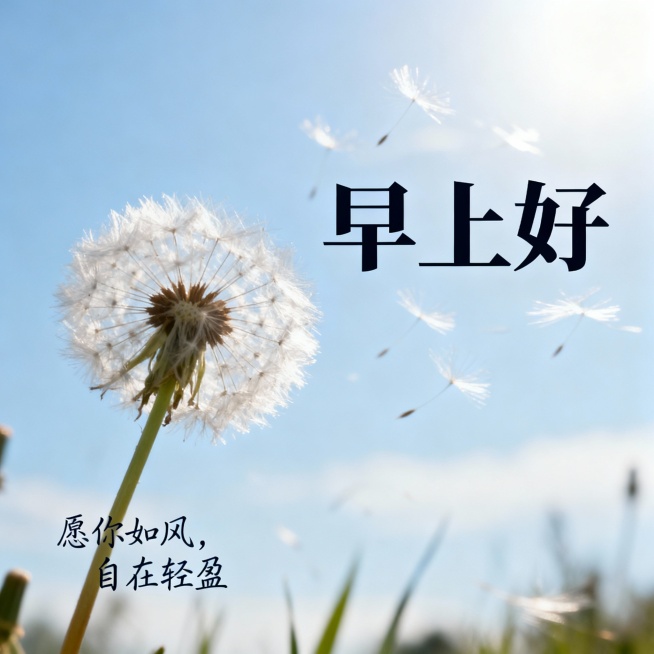 蒲公英在晨风中飘散，背景是淡蓝色天空，文字 “愿你如风，自在轻盈”，“早上好”这三个字大一点，100*100PK预览效果
