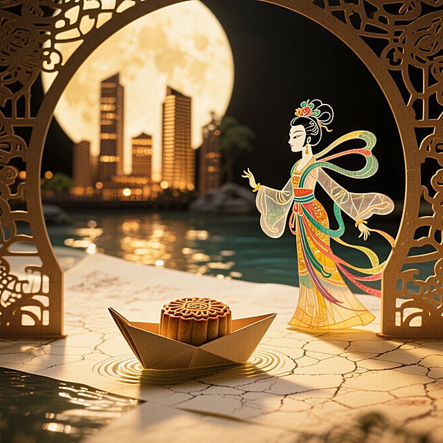 剪纸风与皮影风融合，中式古典仕女立于月夜拱门下，纸船载着月饼泛波，梦幻唯美的中秋意境，浪漫优雅，文艺感十足。