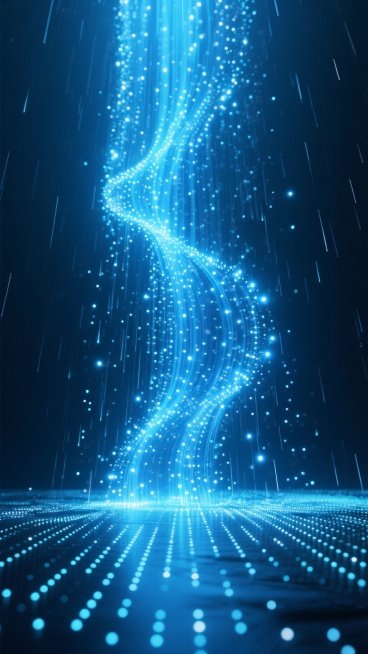 深蓝色调，数据雨垂直下落，地面点阵延伸，营造数据瀑布与发光点阵预览效果