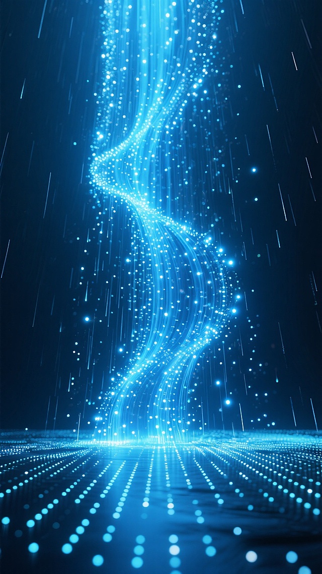 深蓝色调，数据雨垂直下落，地面点阵延伸，营造数据瀑布与发光点阵