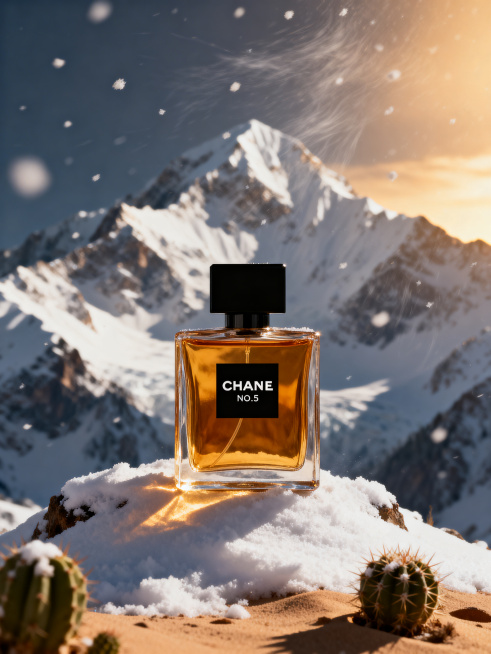 商业级产品摄影，奢华方形透明玻璃香水瓶，琥珀色液体，黑色方形瓶盖，极简黑色标签写着"CHANE NO.5"，放置在雪山之巅，底部是沙漠带点仙人掌，暖金色香水与冷峻雪山形成强烈「冰火两重天」视觉对比，黄预览效果