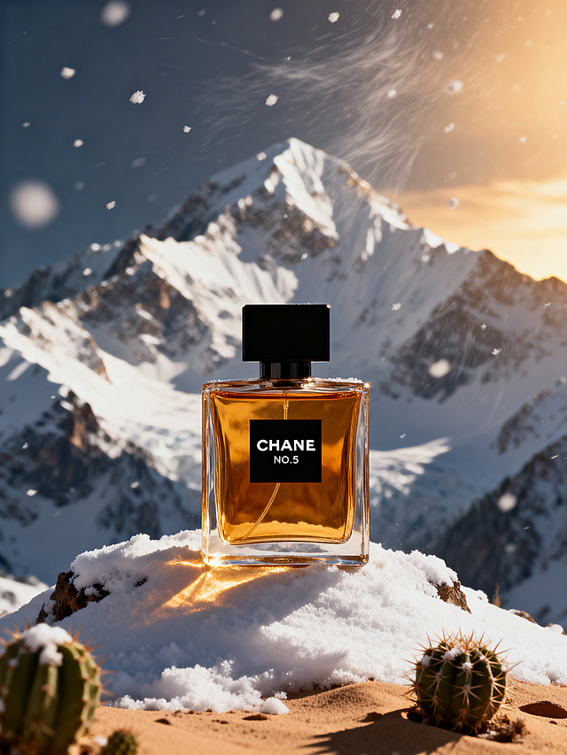 商业级产品摄影，奢华方形透明玻璃香水瓶，琥珀色液体，黑色方形瓶盖，极简黑色标签写着"CHANE NO.5"，放置在雪山之巅，底部是沙漠带点仙人掌，暖金色香水与冷峻雪山形成强烈「冰火两重天」视觉对比，黄金时刻柔和阳光投射长影，风吹起的雪粒在空中漂浮，焦点清晰对准香水瓶，浅景深，电影感光影，超写实，极致细节，专业商业摄影风格，哈苏相机拍摄，f/1.8光圈，高对比度，优雅高级质感