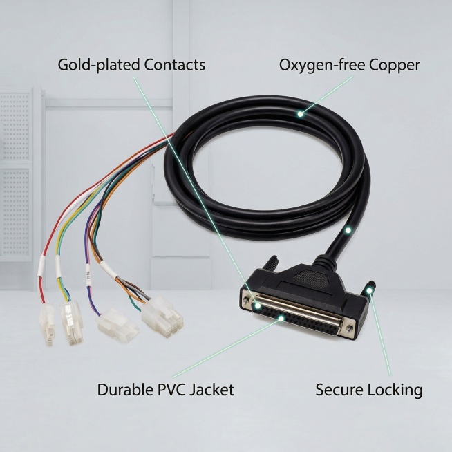 3. [主图 3：核心卖点展示] 黑色D-Sub分线连接线为中心，用纤细引线标注四个卖点 "Gold-plated Contacts" "Oxygen-free Copper" "Durable PV预览效果