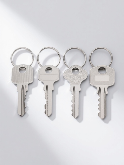 超高精度摄影风格，白色纯色背景，四把不同样式的金属钥匙通过银色钥匙圈整齐排列，每把钥匙均展现出真实的不锈钢金属质感，包括清晰的拉丝纹理、边缘锐利的齿牙结构、钥匙柄上独特的雕花图案和凹槽设计，光线从左上方45度角照射，形成自然的高光反射和柔和阴影，整体构图居中对称，钥匙间保持均匀间距，呈现出干净利落的产品展示效果，细节丰富，金属光泽细腻，无任何文字或装饰元素干扰主体。预览效果
