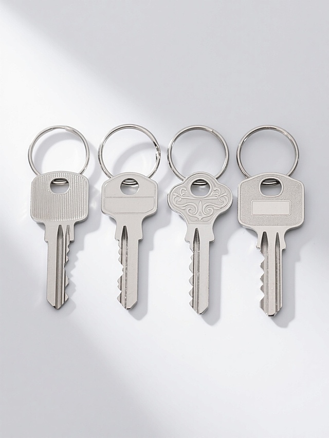 超高精度摄影风格，白色纯色背景，四把不同样式的金属钥匙通过银色钥匙圈整齐排列，每把钥匙均展现出真实的不锈钢金属质感，包括清晰的拉丝纹理、边缘锐利的齿牙结构、钥匙柄上独特的雕花图案和凹槽设计，光线从左上方45度角照射，形成自然的高光反射和柔和阴影，整体构图居中对称，钥匙间保持均匀间距，呈现出干净利落的产品展示效果，细节丰富，金属光泽细腻，无任何文字或装饰元素干扰主体。