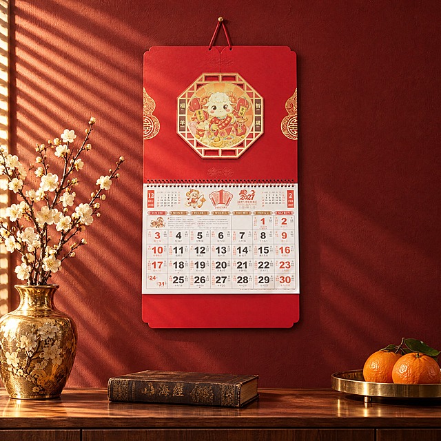 超写实室内静物摄影，轻奢新中式实景风格。挂历严格参照上传产品图，完整保留所有可见组件、部件、轮廓、结构、比例、材质、颜色与产品本体上的所有文字信息（包括封面图案、日历页内容、底部红色底座等全部细节），与上传图完全一致，绝不删减或改动产品本身任何部分，产品规格370*680比例保持不变。场景统一为：深酒红色肌理墙面，左侧斜射的暖金色百叶窗光影，下方胡桃木实木斗柜台面，左侧鎏金陶瓷花瓶插白色腊梅，中间一本深棕色烫金旧书，右侧黄铜托盘放两个橙子。产品占画面60%~70%，完整不裁切，正面平视，挂历通过红色挂绳悬挂于墙面正中央，平整贴墙，倾斜≤2°。主光从左侧斜入45°，暖金色午后阳光透过百叶窗形成条状光影落在墙面和挂历上；辅光为右侧环境反射补光，挂历边缘有微弱轮廓光切分造型；承载面柔和投影边缘柔和不锐利，纸质表面细腻哑光反光，烫金部分呈现温润金属高光。画面整体比例1:1正方形构图，挂历居中放置。4K写实光追，商业级实拍质感。