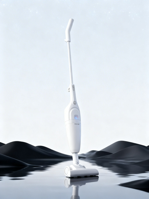 把图片中的吸尘器机器替换成第二张图里的白色吸尘器，背景调浅一些，保留原图片的构图和风格预览效果