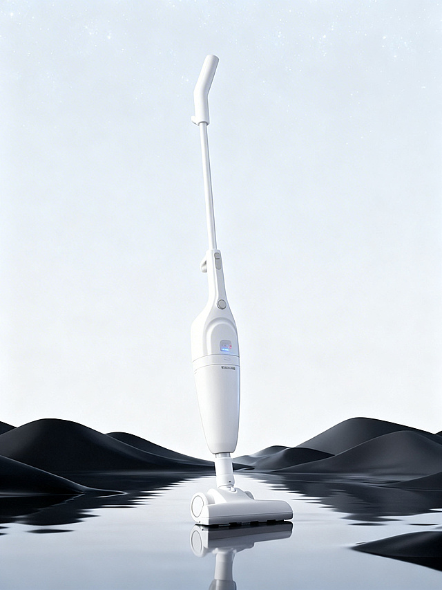 把图片中的吸尘器机器替换成第二张图里的白色吸尘器，背景调浅一些，保留原图片的构图和风格