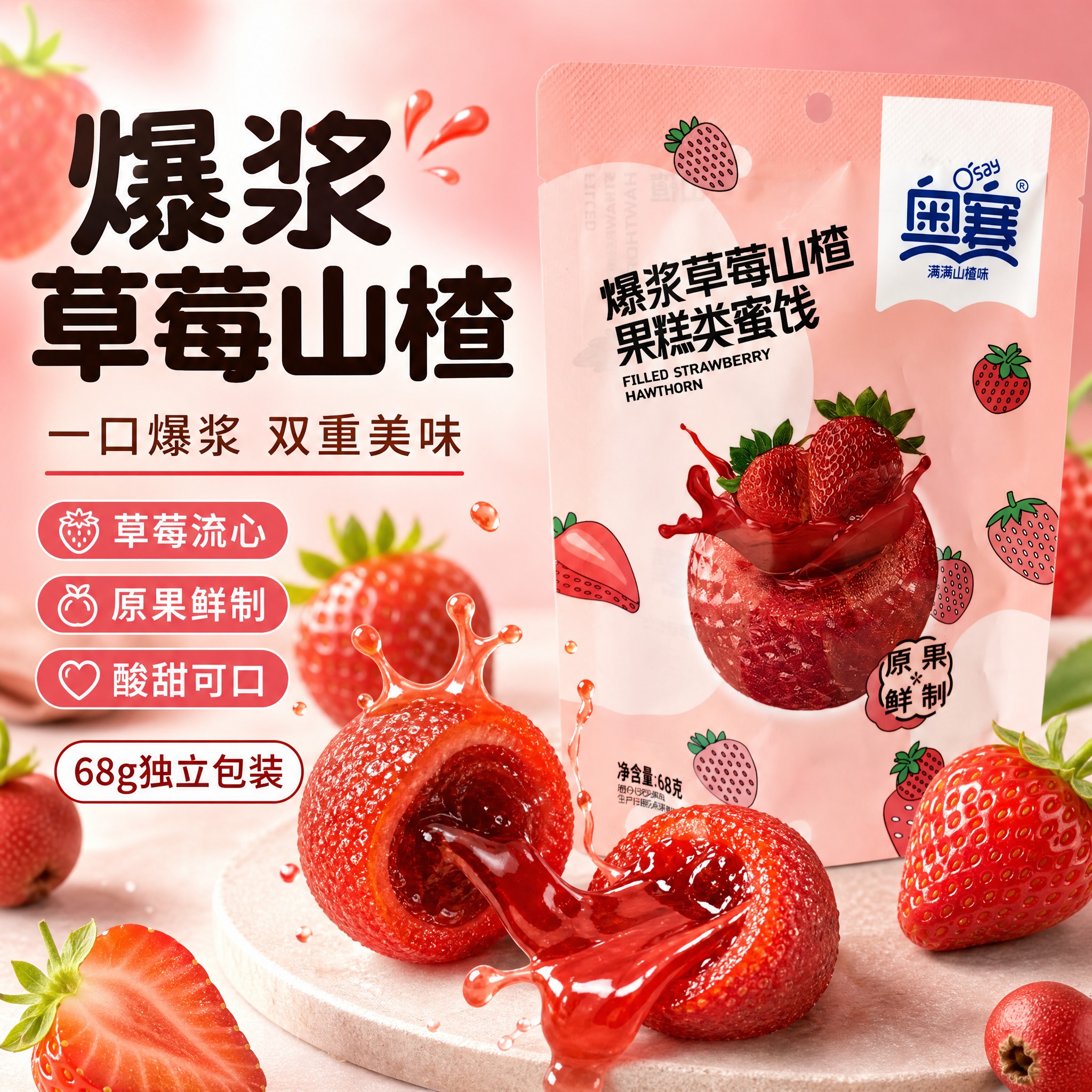 [单张主图] 奥赛爆浆草莓山楂果糕蜜饯，爆款促销感主图，突出爆… - 图片创意预览