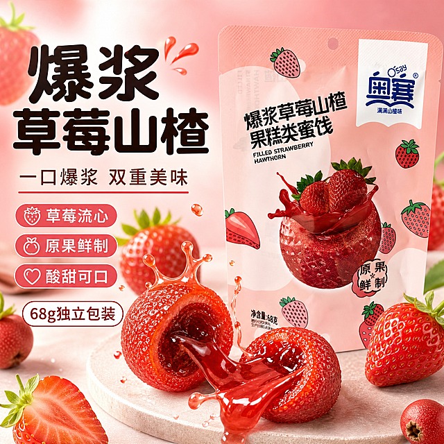[单张主图] 奥赛爆浆草莓山楂果糕蜜饯，爆款促销感主图，突出爆浆流心与草莓山楂双重风味卖点。
[画面主体] 产品为粉色包装袋，有奥赛品牌Logo，"爆浆草莓山楂果糕类蜜饯"大字，包装上有草莓图案和爆浆山楂球实物图，净含量68克，保持包装设计、颜色、图案、字样与输入图完全一致。包装袋居中偏右，占画面45%，旁边有切开的爆浆山楂球展示流心效果。
[构图版式] 左文右品标签参数型，食品爆浆食欲感风格。左侧信息，右侧产品+爆浆特写。
[场景元素] 背景使用温柔的粉色渐变，带有草莓图案和山楂元素；背景有新鲜草莓、山楂果点缀；产品前方有切开的爆浆山楂球特写，草莓酱流心溢出的动态瞬间，展示爆浆效果；有果汁飞溅、草莓果肉颗粒；产品放在浅色台面上，有柔和光影。
[文案版式] 主标题："爆浆草莓山楂"，粗黑体大字，左侧上方，分两行；副标题："一口爆浆 双重美味"，中号字；卖点三个圆角标签："草莓流心"、"原果鲜制"、"酸甜可口"；底部轻信息："68g独立包装"。文字不遮挡品牌Logo和产品主体。
[光影质感] 自然柔光，突出爆浆的流动感和山楂球的软糯质感；流心部分有光泽和通透感，包装粉色柔和饱满，草莓鲜红诱人；整体光影温暖柔和，食欲感强，爆浆瞬间有动态张力。
[配色字体] 主色：粉色 + 草莓红（取自包装）；辅助色：白色、浅绿色、淡黄色；强调色：深粉色；字体：圆润粗黑体，主标题大号，卖点中号，整体甜美有食欲。
[比例分辨率] 1:1比例，2K高清，文字清晰，爆浆质感真实诱人。
[负向提示词] 禁止出现正品保证、破碎包赔、包邮、售后等服务承诺字样；禁止变形、错字、模糊、水印、平台Logo；禁止包装设计偏差、品牌字样错误；禁止爆浆效果不真实；禁止杂乱背景。