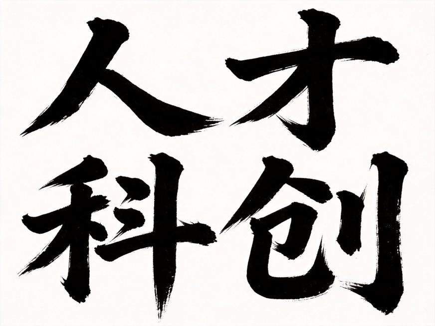 干净的纯白色背景。
平面艺术字体设计，五个字“人才科创”，所有文字单行横向排列，毛笔书法字体，传统书法手写风格，浓墨书写，运笔行云流水一气呵成，笔画带有自然飞白枯笔效果和水墨晕染质感，黑色字体，整体端预览效果