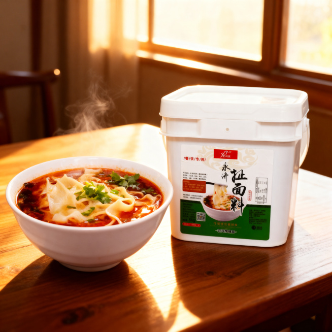 图片中的永济扯面料产品是白色塑料桶包装，绿色标签，保持物理结构绝对不变，保持标签文字和Logo原样，严禁包装扭曲变形。产品主体放置在实木餐桌上，旁边摆放一碗热腾腾的酸汤扯面，面条筋道，酸汤色红亮诱人。预览效果