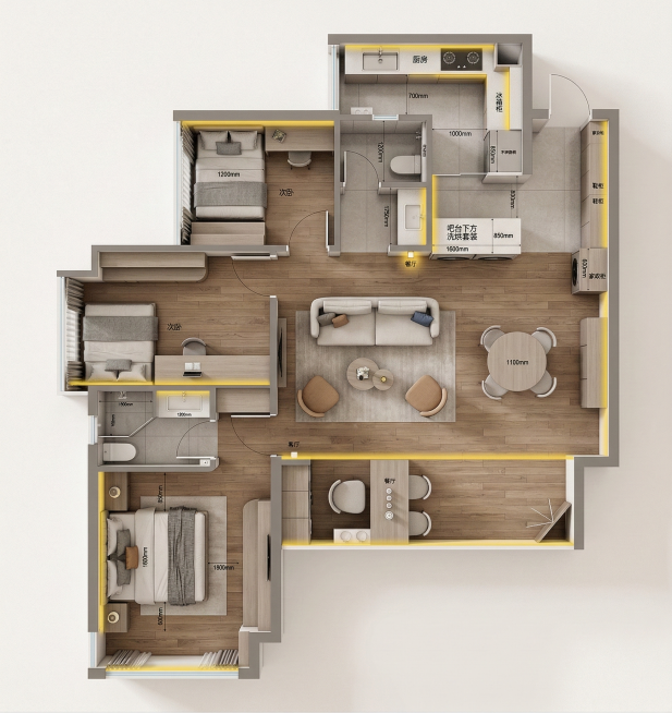基于这张户型平面图，生成专业的三维立体户型图，保留原有的空间布局、尺寸标注和功能分区，效果专业清晰，符合室内设计立体户型的展示规范，有立体感，空间结构还原准确预览效果