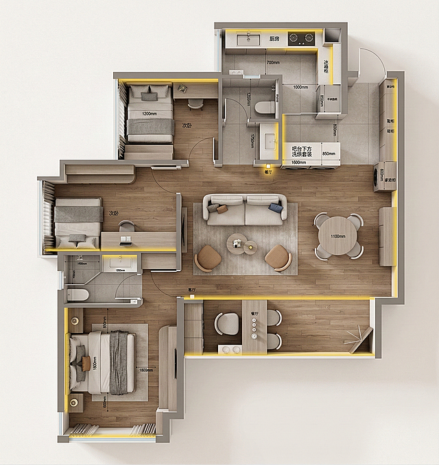 基于这张户型平面图，生成专业的三维立体户型图，保留原有的空间布局、尺寸标注和功能分区，效果专业清晰，符合室内设计立体户型的展示规范，有立体感，空间结构还原准确