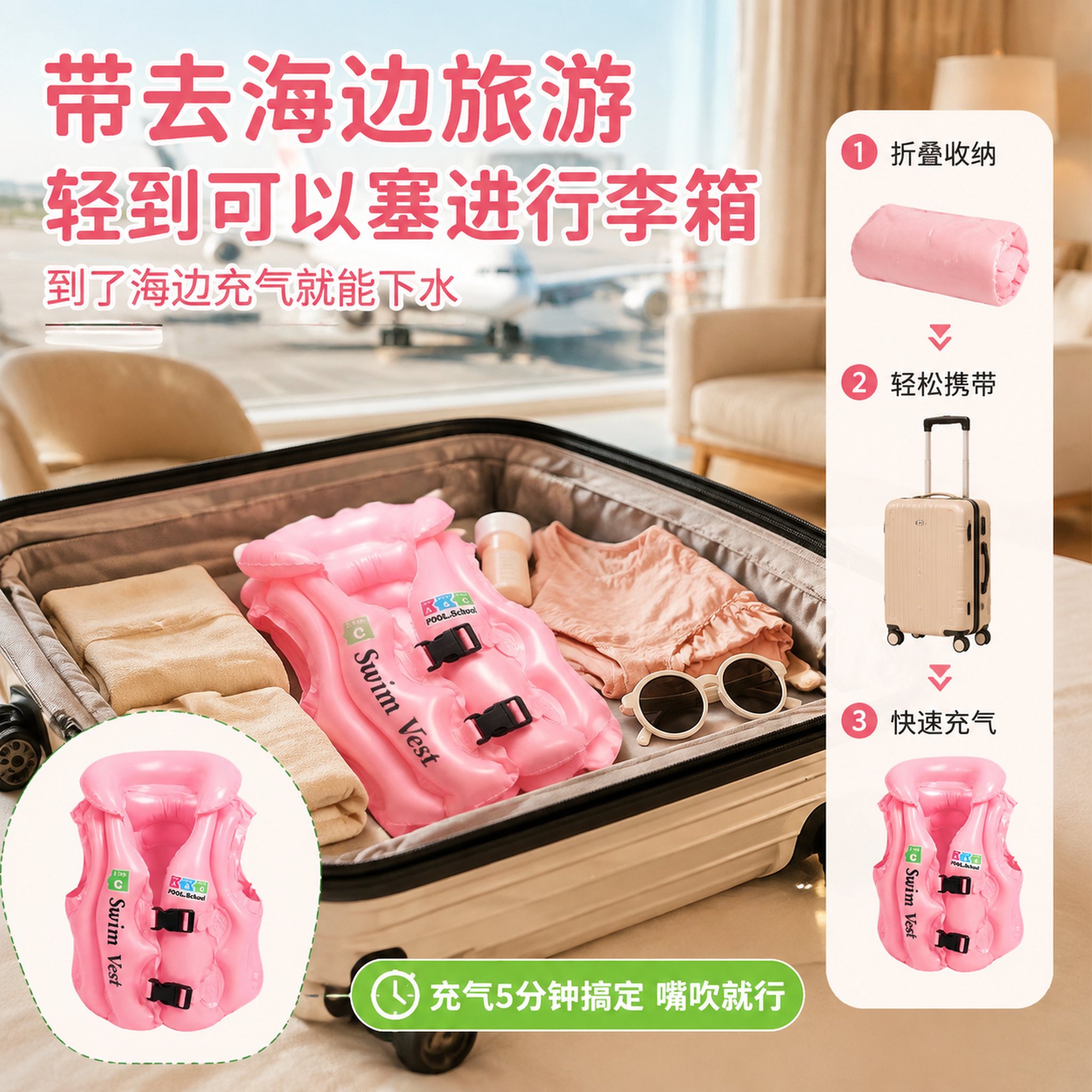 拼多多风格儿童浮力背心主图第八张，旅行便携场景。画面中央粉色儿… - 图片创意预览