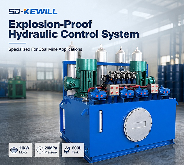 [第1屏] Hero Header - SD-KEWILL Explosion-proof Hydraulic System for Coal Mines. This screen uses [image6], [image9], [image10] to show the complete product appearance.  
[Atmosphere/Style] Professional industrial technology style, clean and credible, high-quality commercial photography texture.  
[Element Layout] The complete hydraulic system is placed in the center, occupying 65% of the screen. The upper part is reserved for the title area, and the lower part is the product body with the factory environment background slightly blurred. The product structure, color and overall shape are consistent with the user-provided product images.  
[Lighting & Texture] Soft studio lighting from the front, clear metallic reflection, natural shadow, highlighting the layered texture of steel and painted components.  
[Color Matching] Global background color #F0F4F9; main color industrial blue; auxiliary color teal green and silver gray.  
[Perspective & Composition] 45-degree front perspective, product is the visual center, reading path from top title to central product, then to bottom parameter tags.  
[Text Layout] Top left brand "SD-KEWILL", large main title "Explosion-Proof Hydraulic Control System", subtitle "Specialized For Coal Mine Applications". Bottom left three key parameter tags: 11kW Motor, 20MPa Pressure, 600L Tank. Text is all English, clear and does not cover the main product body.  
[Resolution & Ratio] 4:3 vertical ratio, 4K resolution, clear text, HD commercial quality.  
[Negative Prompt] Deformed product, missing components, wrong color, blurry product, Chinese characters, messy background, watermark, text distortion.