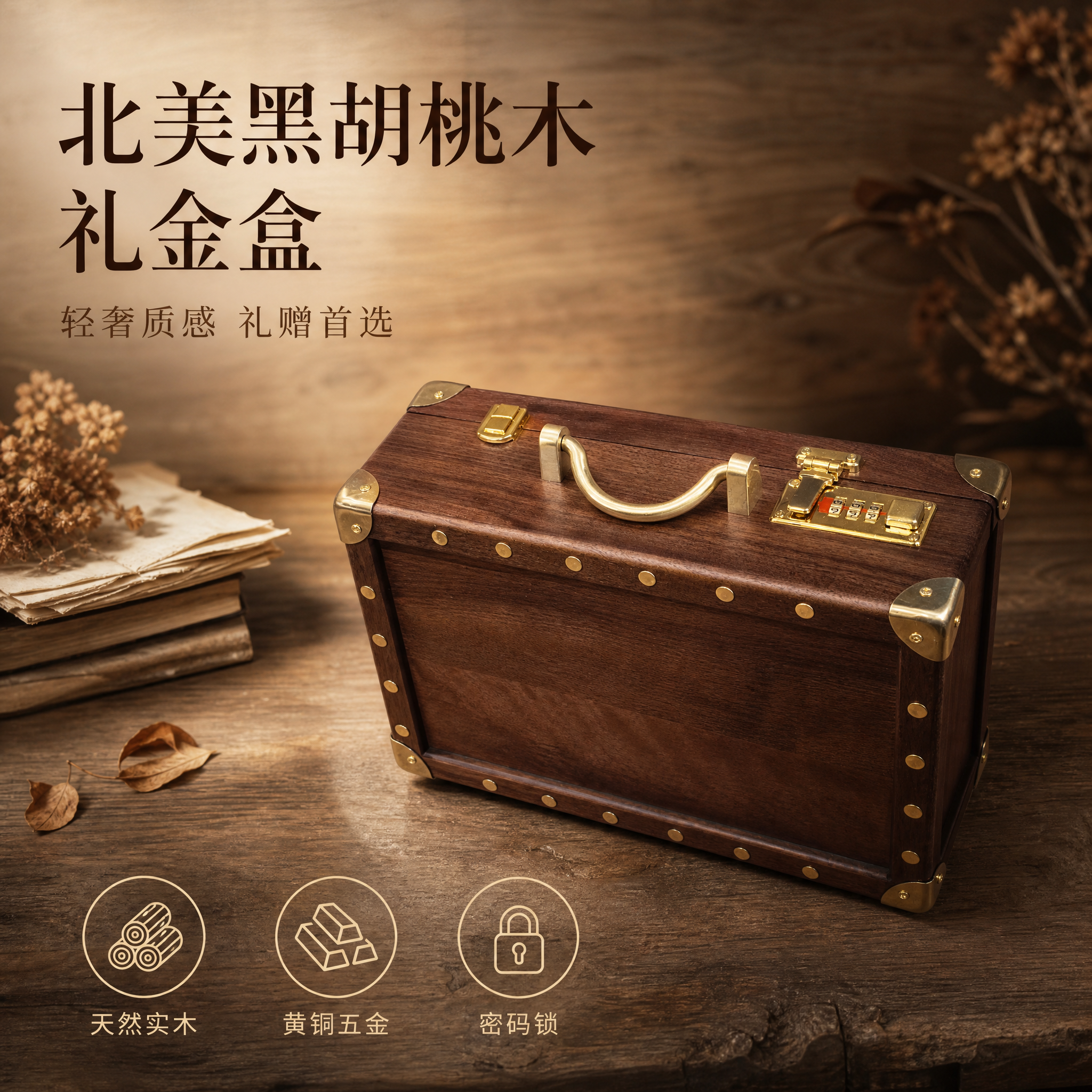 [单张主图] 北美黑胡桃木礼金盒，高级氛围感主图，展示木质礼金… - 图片创意预览