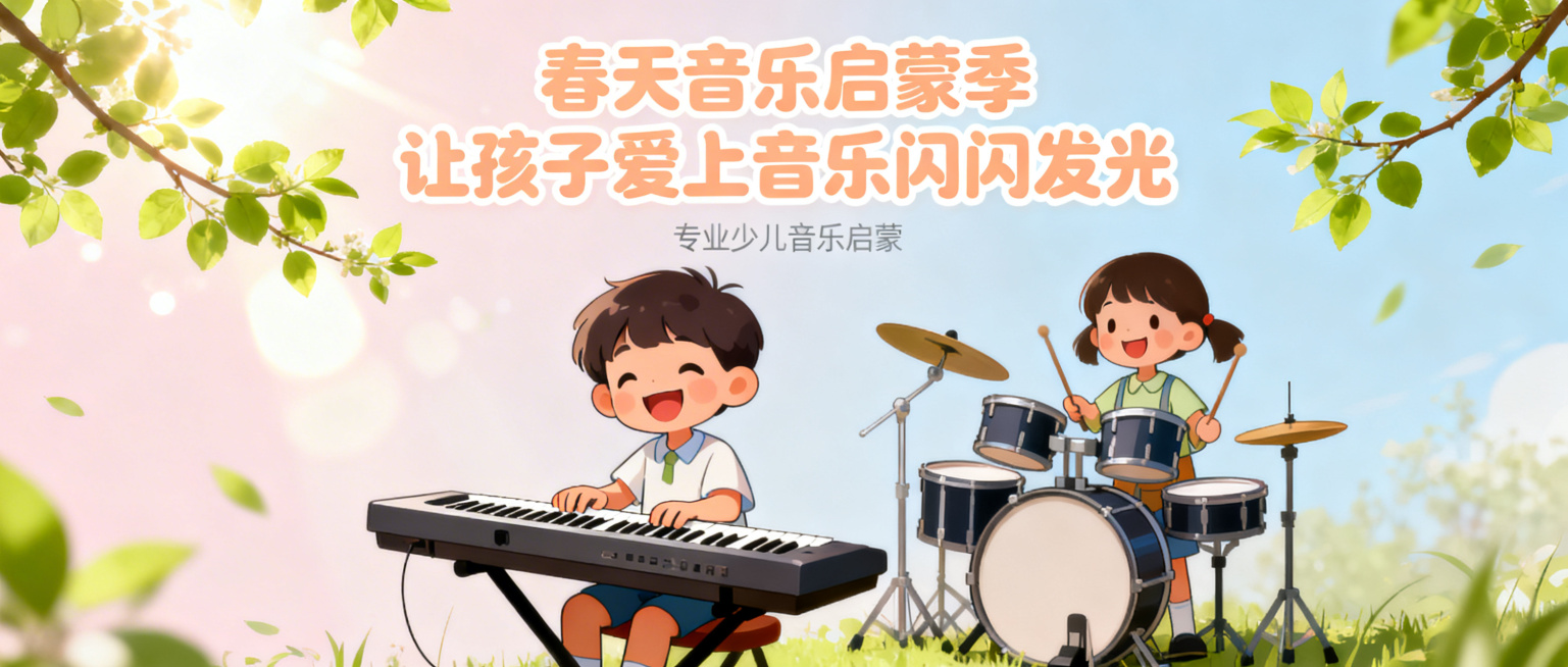 少儿音乐培训公众号推文首图，清新温暖的春季风格，画面分别有小朋友开心弹奏电子琴、打电子鼓的温馨场景，搭配文案「春天音乐启蒙季 让孩子爱上音乐闪闪发光」，背景有嫩绿枝叶、春日阳光元素，整体色调明亮柔和，预览效果