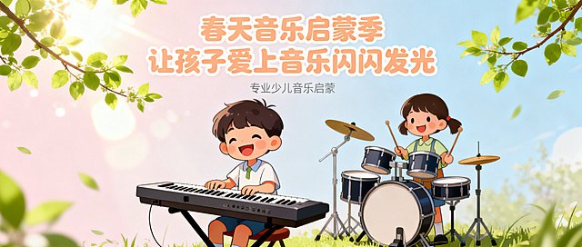 少儿音乐培训公众号推文首图，清新温暖的春季风格，画面分别有小朋友开心弹奏电子琴、打电子鼓的温馨场景，搭配文案「春天音乐启蒙季 让孩子爱上音乐闪闪发光」，背景有嫩绿枝叶、春日阳光元素，整体色调明亮柔和，适合家长群体审美，风格活泼治愈