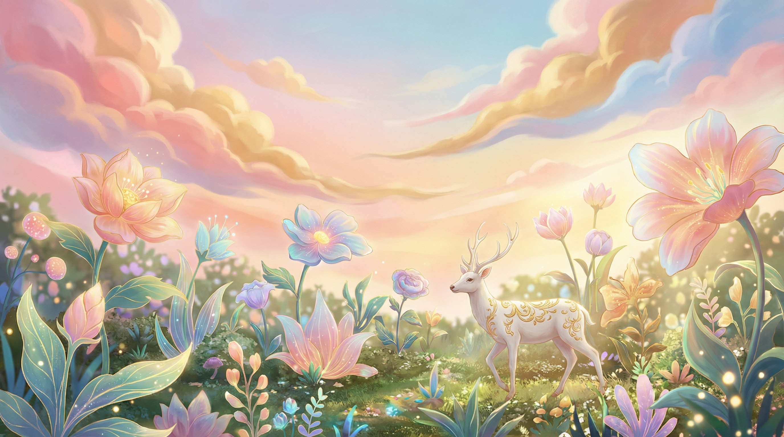 梦幻治愈风：柔彩渐变云层，奇幻花境，鎏金花纹白鹿，暖调春日氛围 - 图片创意预览