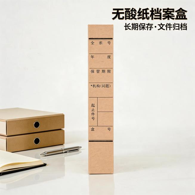 基于原图中侧放展示的无酸纸文书档案盒，将背景更换为干净简约的办公桌面场景，展示档案盒侧面标签设计，突出无酸纸材质适合长期保存文件的卖点，整体风格专业商务，适配京东平台商品主图预览效果