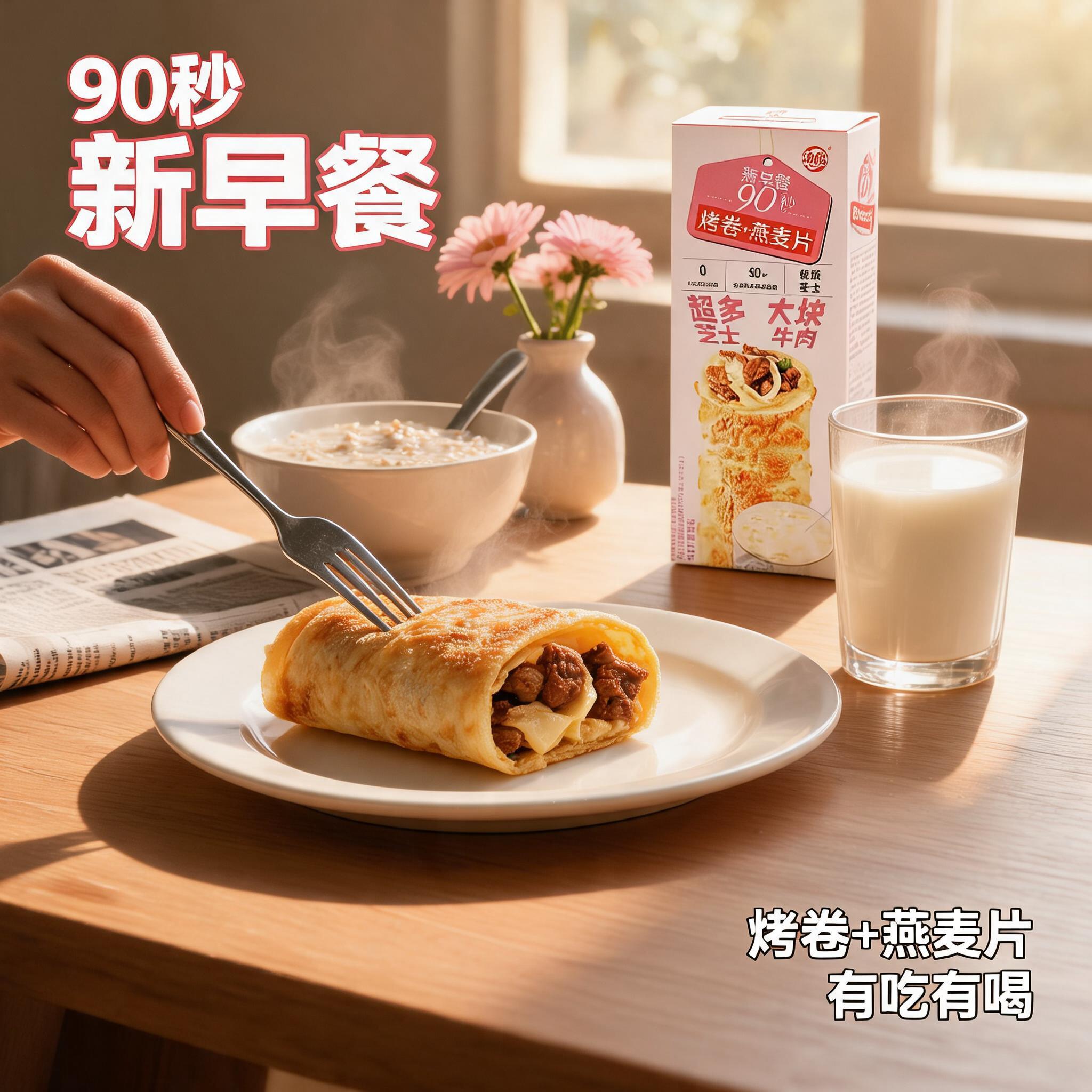[主图-4] 牛肉芝士烤卷+燕麦片组合场景与体验图，展示快手早… - 图片创意预览