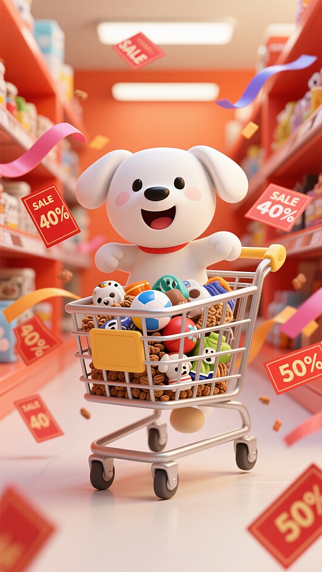 一个白色小狗开心的坐在购物车快速向观众方向冲的强动态感，购物车里面是狗粮、玩具球、宠物衣服等各类宠物用品，四周漂浮彩带、红包，点缀红色优惠券，上面是“SALE” 标签、“40%”“50%” ，背景货架，纵深感，橙红色配色
