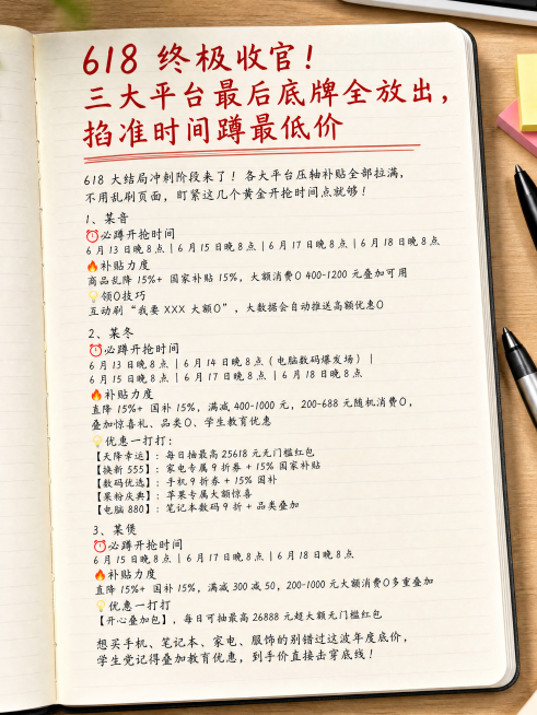 将修改这张图片，将主标题"618 终极收官！三大平台最后底牌全放出，掐准时间蹲最低价"改成更大的红色字体，将背景换成笔记本内页纸张风格，整体场景是打开的笔记本放在办公桌面上，所有文字内容保持不变，只修预览效果