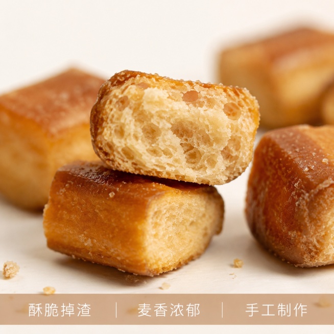 [主图-2] 核心细节展示，突出酥脆纹理。[氛围风格] 干净简约质感风；[画质] 商业微距摄影，细节清晰锐利，真实诱人；[元素] 保持碱水法棍丁的外观物理结构、材质质感、焦糖棕颜色与输入产品图绝对一致预览效果